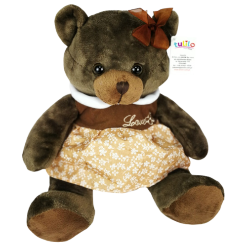 brązowa maskotka miś dla dziecka helenka w sukience.png