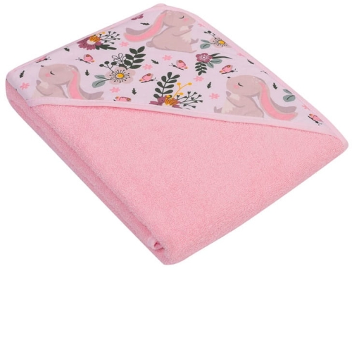 różowy ręcznik z kapturkiem dla dziewczynki zajączek i las.jpg