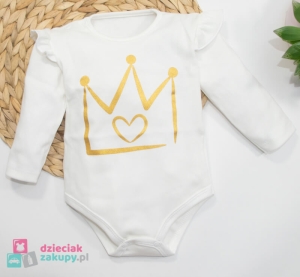 Jednokolorowe body dziewczęce z falbanką i koroną Mrofi Queen kremowe