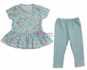 Komplet dla dziewczynki niemowlaka bluzka w kwiaty na krótki rękaw i długie legginsy ATUT zielony