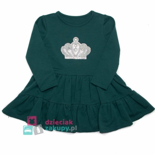 Sukienka dla dziewczynki butelkowa zieleń z koroną.jpg