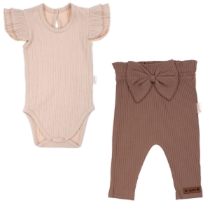 Komplet ubranek dla dziewczynki niemowlaka body na krótki rękaw i spodnie z kokardką Bamarnikol