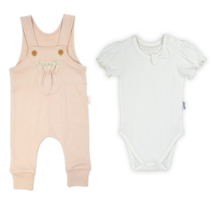 Ogrodniczki dla dziewczynki z kieszonką i body prążek na krótki rękaw Bamarnicol