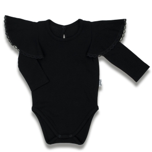 Czarne body na długi rękaw dla dziewczynki z falbanką Bamarnicol