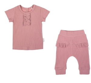 Komplet ubranek dla dziewczynki bluzka na krótki rękaw z żabocikem  i spodnie z falbanką Bamarnicol Prążek
