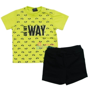 Komplet ubranek dla niemowlaka chłopca bluzka w auta i krótkie spodenki GT zielony